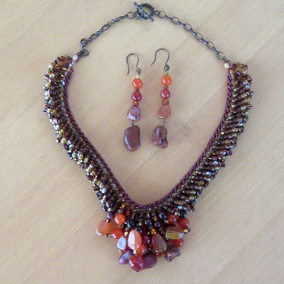 Carnelian, jasper & beads necklace & earrings in copper setting - 1980s - Picture 2 of 9